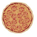 cartoon van een pizza met daarop kaas en salami.