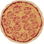cartoon van een pizza met daarop kaas en salami.