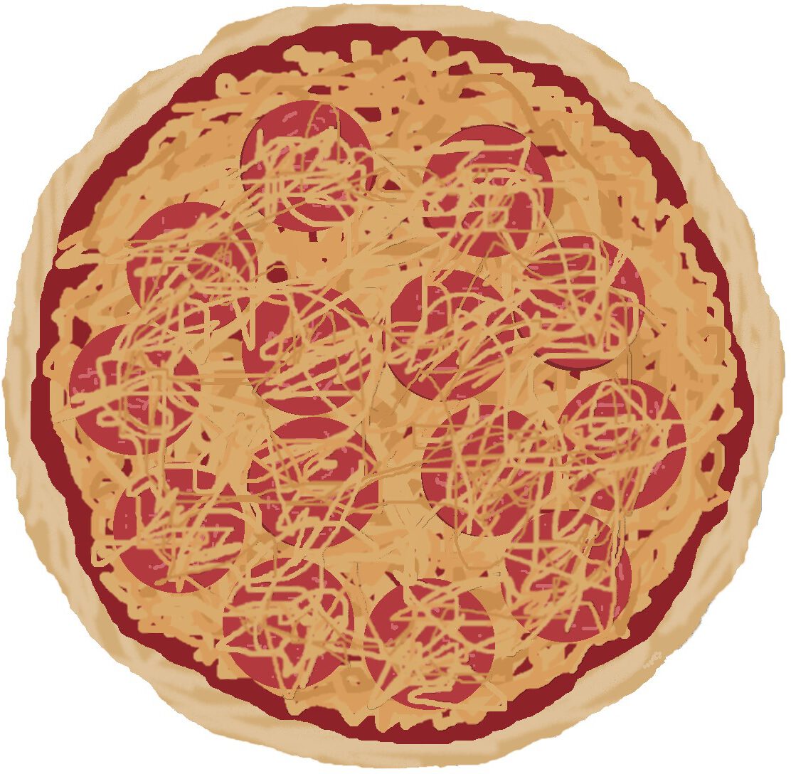 cartoon van een pizza met daarop kaas en salami.